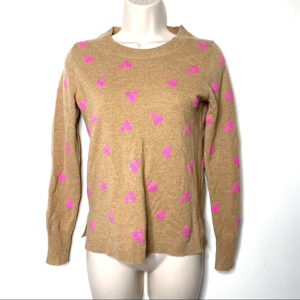 J Crew Cashmere Sweater Cherries Crewneck Long Sleeve Camel Pink Cherries